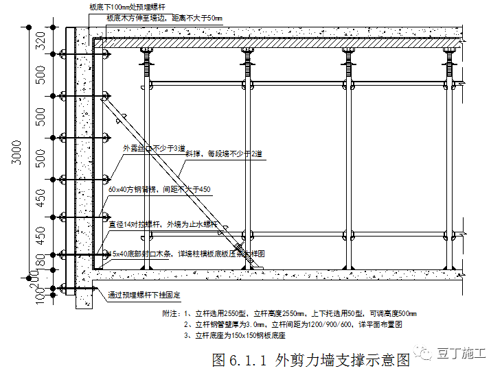 斜撑与剪力墙从上往下第二道螺杆扣接,与竖向立杆连接